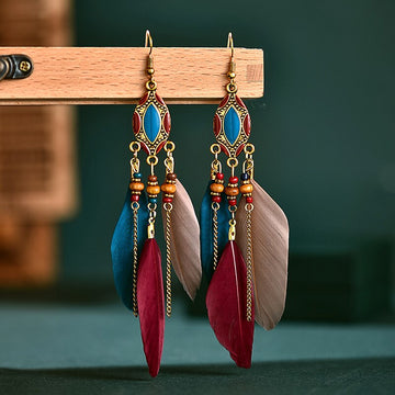 Bohemian Feather Earrings for Women Brincos Indian Jewelry Long Chian Tassel Silver Color Alloy Dangle Earrings As Gift daiiibabyyy